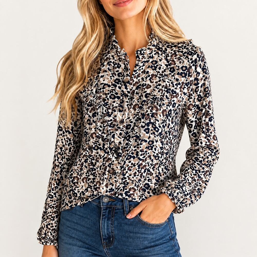 Maeve by Anthropologie Blouse Shirt Katia Ruffled Button Down Animal Print Sz 2